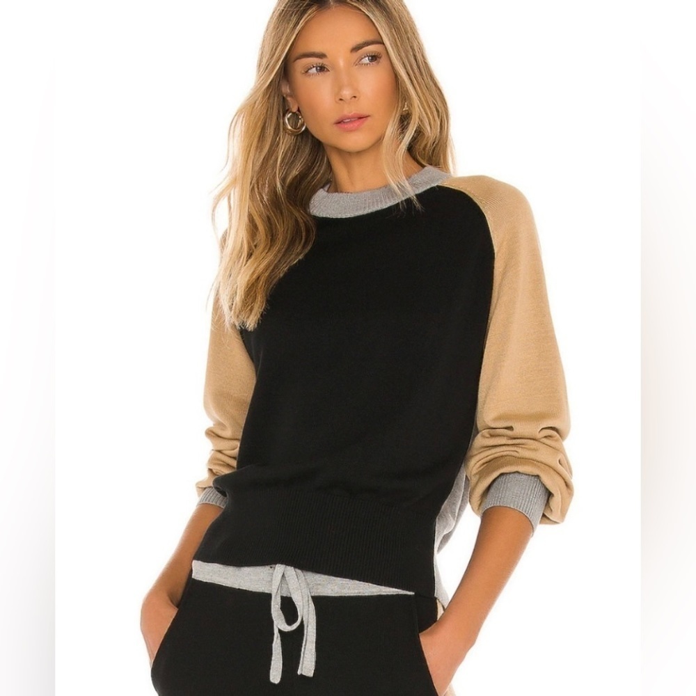 Monrow Black & Tan Color Block Mock Neck Balloon Sleeve Revolve Sweater